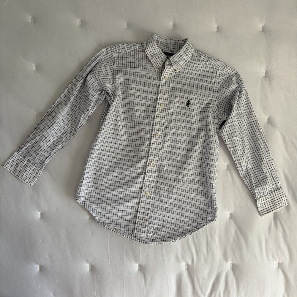 Ralph Lauren Boys Button Down White Shirt Size 7, plaid pattern, classic, casual